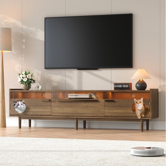 Meuble TV LED avec Espace pour Chat 2 Portes en Verre Trempé et 1 Tiroir - ELVMI - en Bois Noyer 180 × 40 × 50 cm