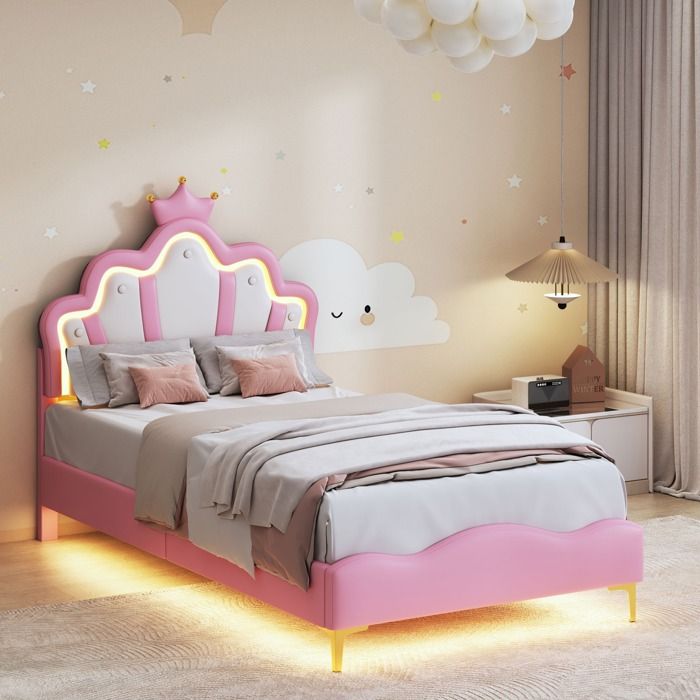 Structure de Lit 90 x 200 cm Lit Rembourré Lit fille 90x200 cm avec sommier LED Lit Simple Lit enfant Tête de lit réglable Rose