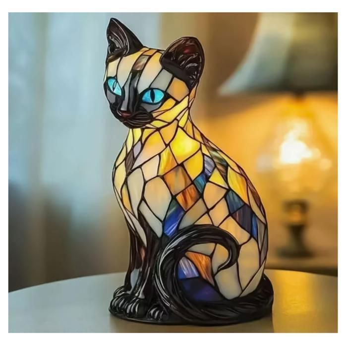 Lampe Pour Chat Lampe Pour Chat En Vitrail Table USB Vintage 3D Veilleuse LED En Résine Décorative Pour Les Amoureux Des REFLECTEUR