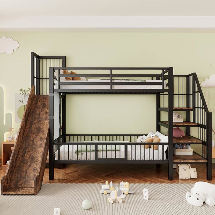 Lit Superposé en Fer 90x200cm avec Toboggan échelle de Rangement de Niveau 4 Sommier à Lattes pour Adolescents sans Matelas Noir