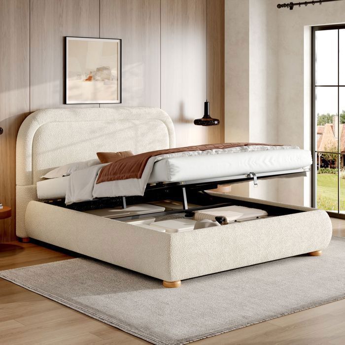 Lit coffre - SOGEU - Lit Coffre 140x190 cm Tissu Bouclé Beige - Coffre hydraulique - Sommier à lattes inclus - Pieds hévéa