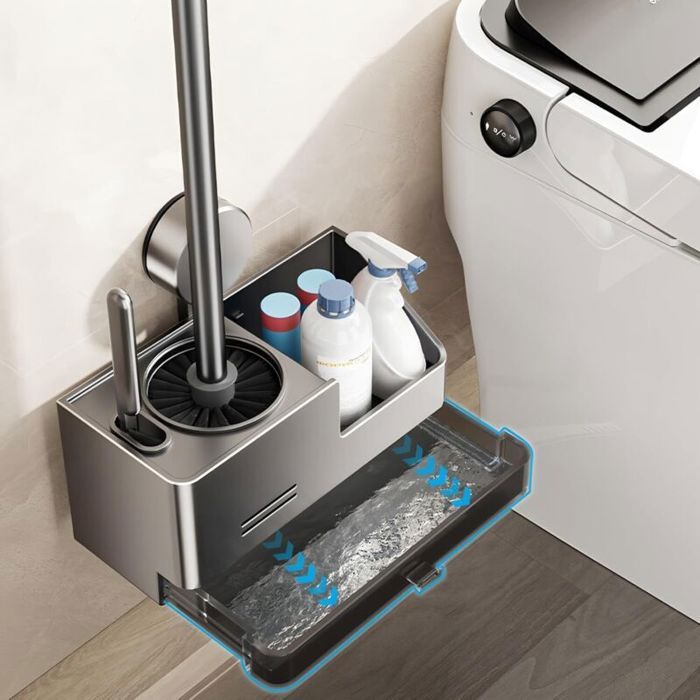 Ensemble brosse et support pour WC brosse de cuvette à ventouse avec bac récupérateur étagère murale pour brosses de nettoyage d