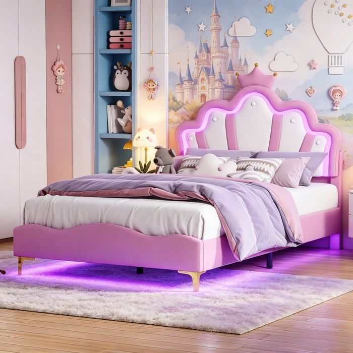 Lit enfant 140x190 cmlit doublelit filleadotête couronneLED réglabletête réglablesommier lattesPUrose
