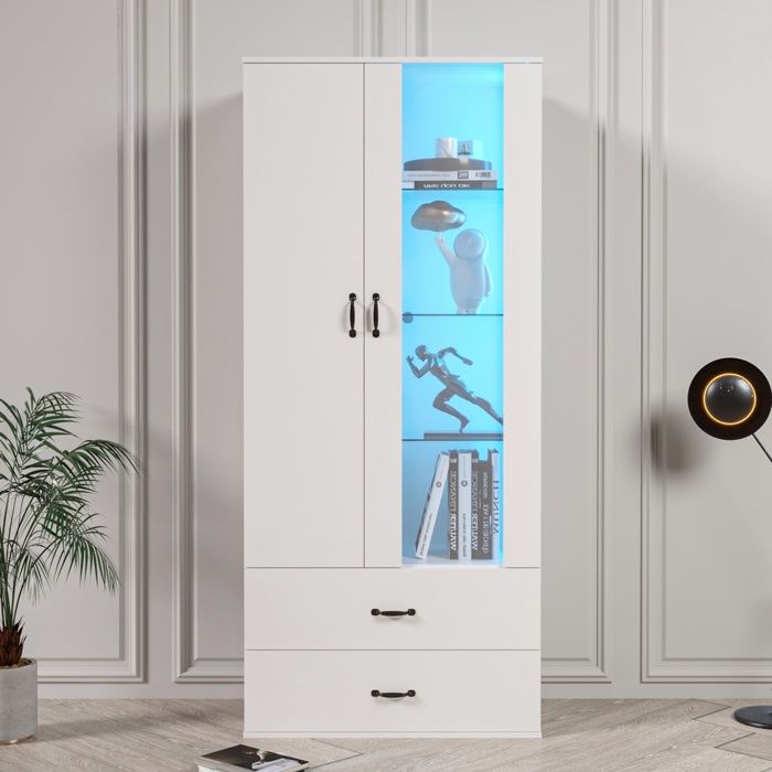 Vitrine 59 5x35x182 cm 2 portes vitrine autoportante avec porte transparente vitrine LED meuble mural de salon buffet blanc