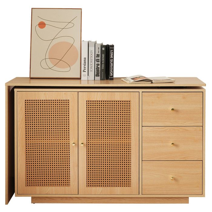 Bureau avec armoire et table pivotante 360° 3 rangements porte rotin étagère réglable gain de place pour bureau/maison
