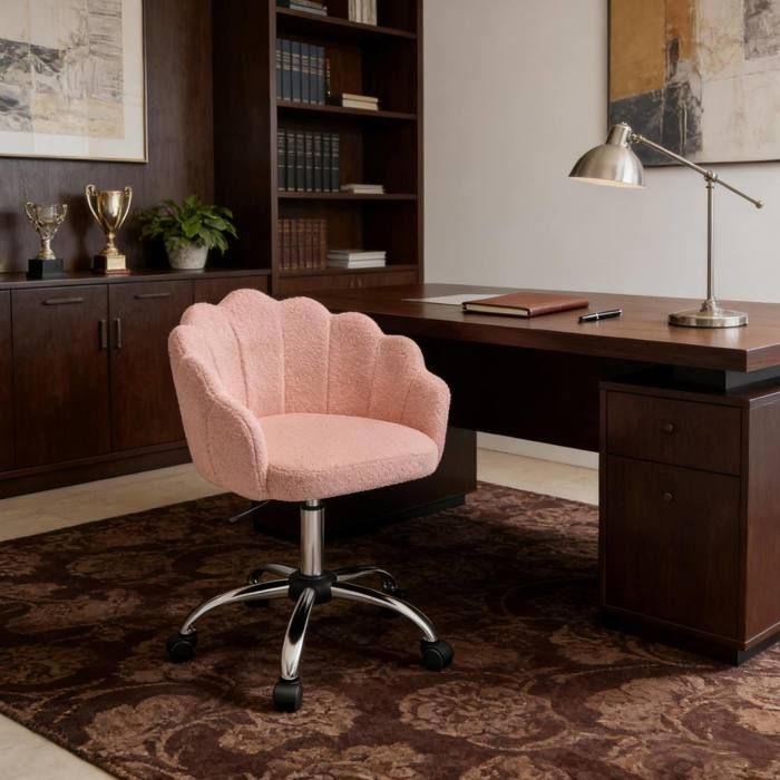 Chaise de bureau réglable en hauteur EVRYAE 55 x 37 5 x 81 5 cm à roulettes design pétale rose en tissu et métal Chaise de bureau réglable en hauteur EVRYAE 55 x 37 5 x 81 5 cm à roulettes design pétale rose en tissu et métal