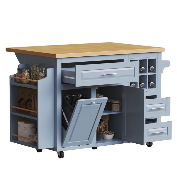 Îlot central de cuisine roulant – desserte pliable avec tiroirs porte-bouteilles et rangement bleu