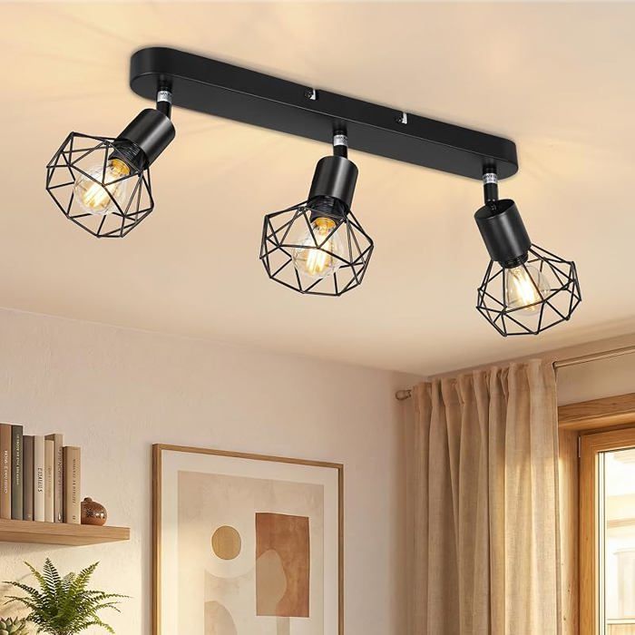 Plafonnier LED 3 spots orientables moderne rampe noire E14 applique diamant