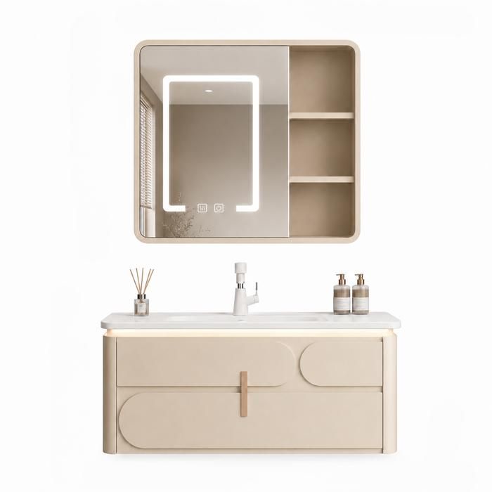 Ensemble meuble de salle de bain avec vasque et armoire miroir LED - 100 cm - Kaki - DALI