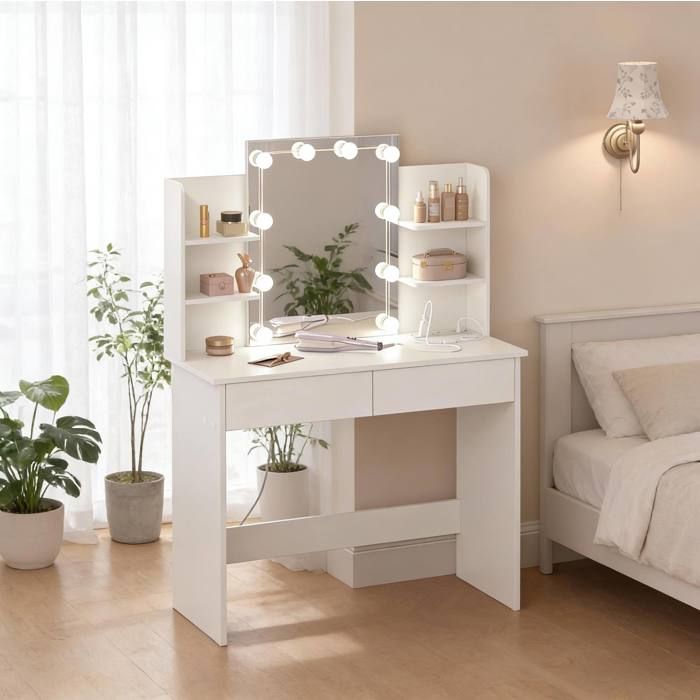 Coiffeuse moderne blanche avec miroir éclairage 10 ampoules 2 tiroirs et prise intégrée
