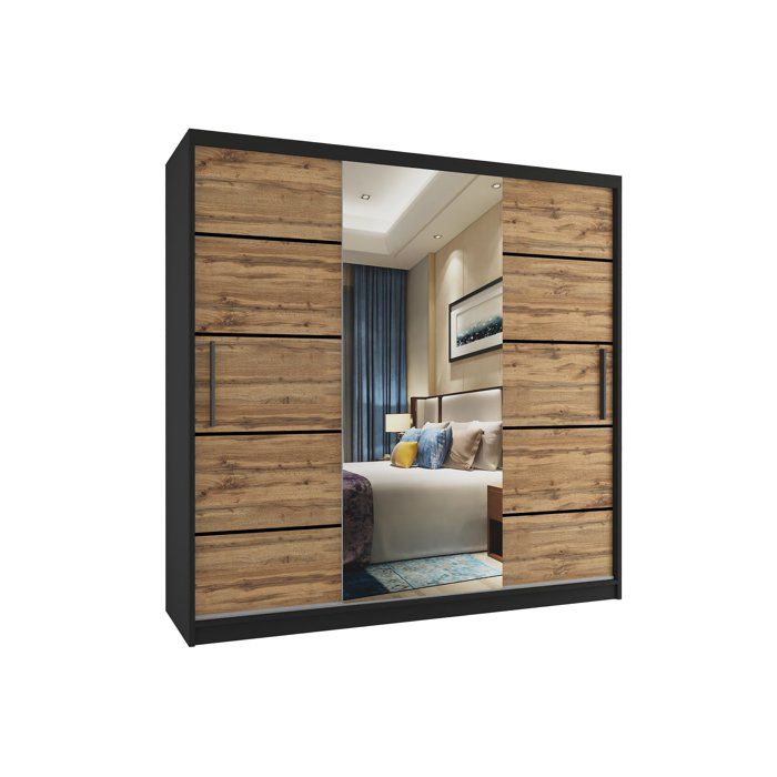 BELINI Grande Armoire 3 Portes Coulissantes VERONA MT 200 cm - Noir / Brun Doré - Miroir Intégré & 4 Tiroirs - Chambre Adulte