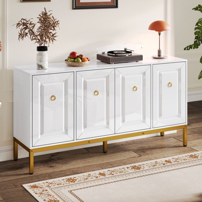 ROVRYN Buffet bas 4 portes blanc brillant et or étagères réglables 140 x 40 x 80 cm