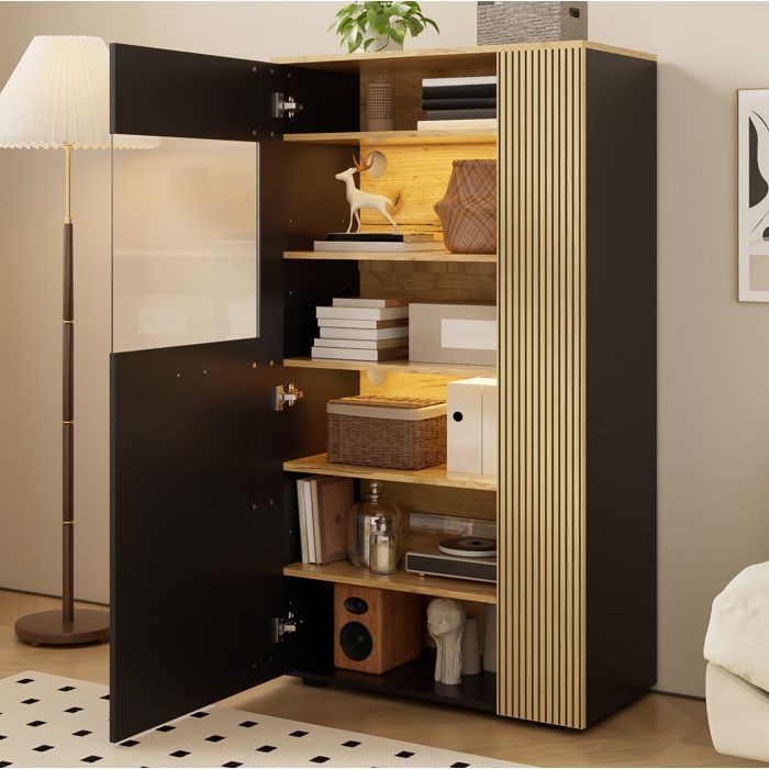 Armoire de rangement vitrine LED 16 couleurs avec porte en verre 5 étagères et passe-câbles 80 x 40 x 146 cm ORVRYN