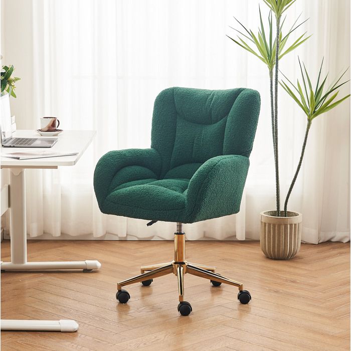 WUVRIE Chaise de bureau pivotante en tissu teddy vert hauteur réglable base dorée avec accoudoirs