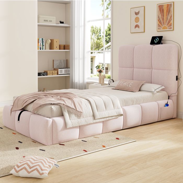 Lit coffre enfant Simple 90×200 cm USB Type-C et rangement - YEAVIO - sans matelas velours - rose