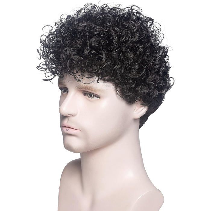 Perruque Noire Pour Homme 15 2Cm Perruque Afro Bouclée Courte Synthétique Pour Usage Quotidien Fête[CA64]
