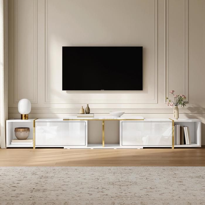 Meuble TV Extensible avec Façades Brillantes Meuble Bas pour TV avec Compartiments de Rangement Ouverts Meuble de Salon Moderne
