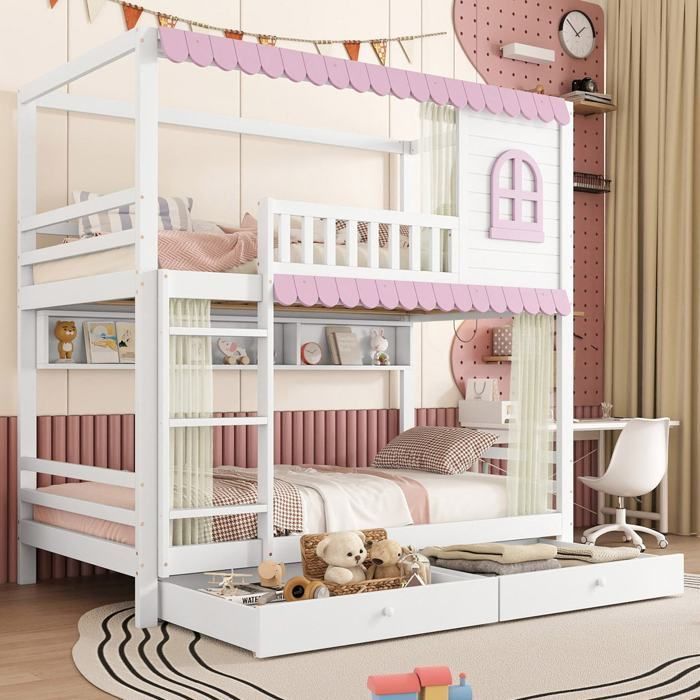 Lit superposé 90x200 cm avec fenêtres et rideaux barrières anti‑chute étagères ouvertes et 2 tiroirs à roulettes – blanc & rose
