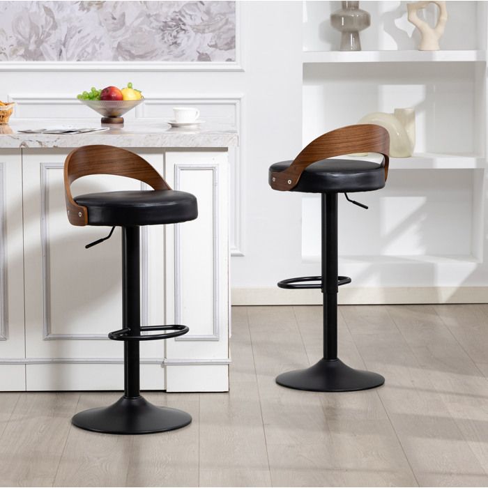 Lot de 2 tabourets de bar pivotants 360° AESVAR hauteur réglable 62-83 cm assise PU noire dossier aspect noyer