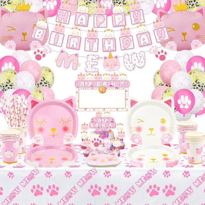 160 Pcs Fournitures De Fête Anniversaire Et Chat - Ballons Bannière Tasses Et Nappe Pour Décoration Convient À 20 Invités Chat