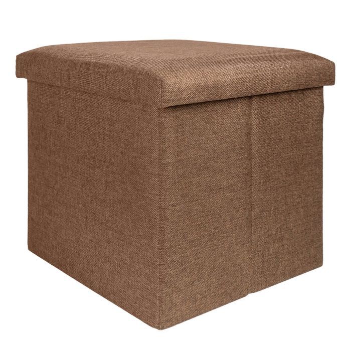 Pouf coffre de rangement pliable 38x38x38 cm marron ambré - tabouret cube tissu aspect lin avec couvercle repose-pieds