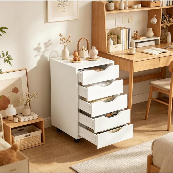 Caisson de bureau mobile 5 tiroirs sur roulettes - Blanc - Bois dingénierie - 40 x 40 x 665 cm