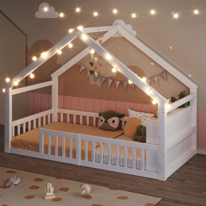 COVREO Lit cabane enfant 90 x 190 cm avec barrières étagères latérales bois de pin blanc