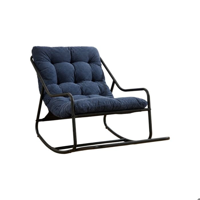 Fauteuil à bascule de jardin en acier avec coussin épais bleu marine