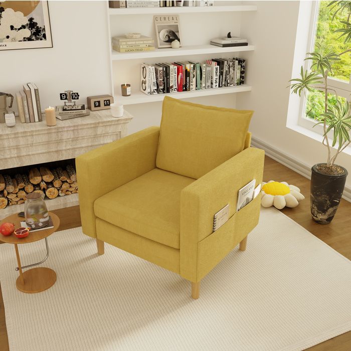 Fauteuil 1 place en tissu chenille jaune moutarde avec accoudoirs poche latérale et coussin dossier TYNQER