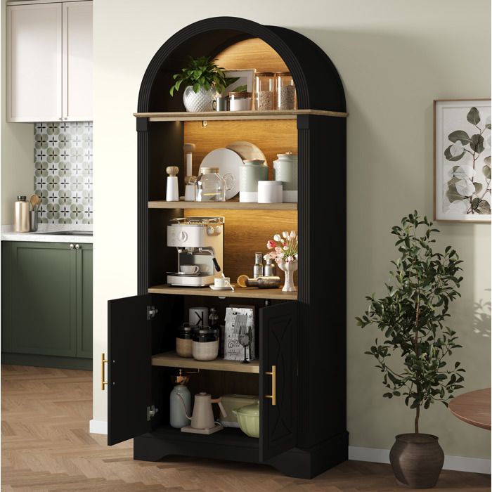 Buffet de cuisine highboard noir 76 2 x 40 1 x 180 cm 3 compartiments ouverts étagère réglable LED