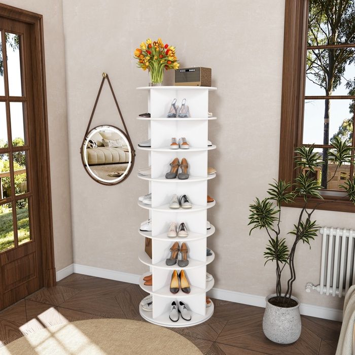 Meuble à chaussures tournant - ZEVKOR - Pivotant 360° - 8 niveaux - PVC blanc - 32 paires