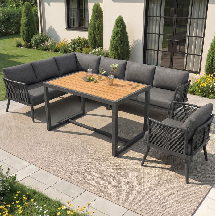 Maisentiel salon de jardin d’angle modulable 7 places en métal gris avec table basse WPC et fauteuils