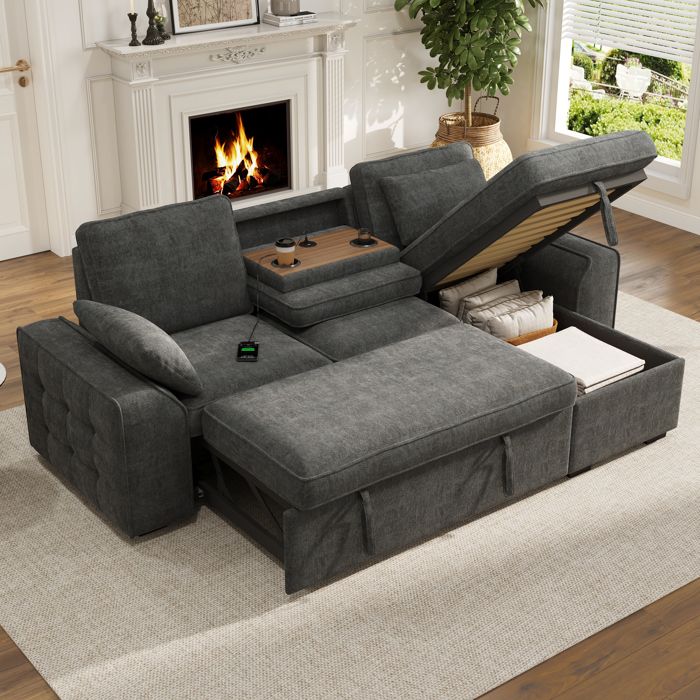 Canapé dangle convertible - ZEVKOR - 237x141x86 cm - 3 places - Tissu chenille - Coffre de rangement