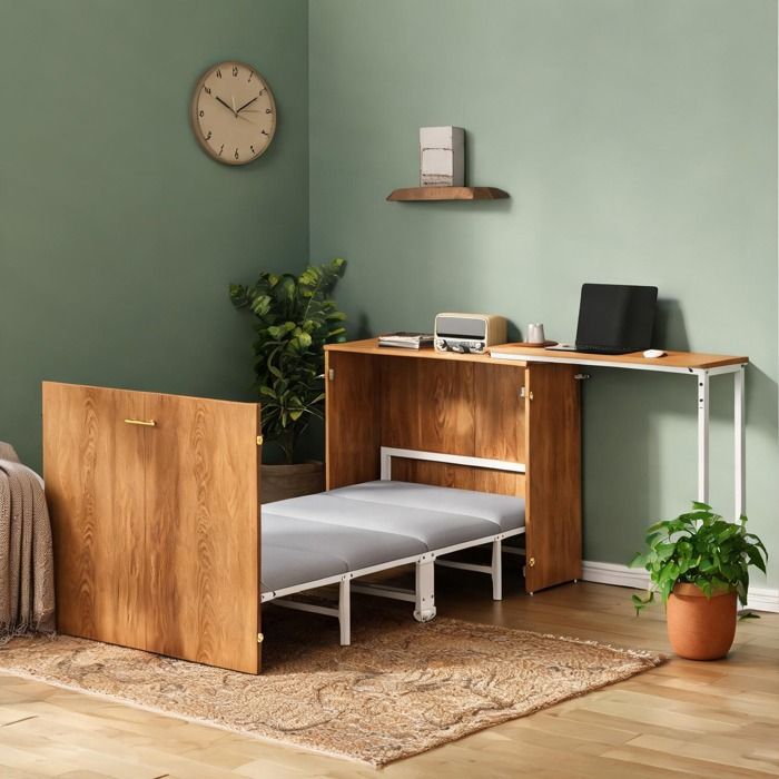 Bureau-placard-lit escamotable en métal et bois light natural avec matelas intégré pour studio et télétravail