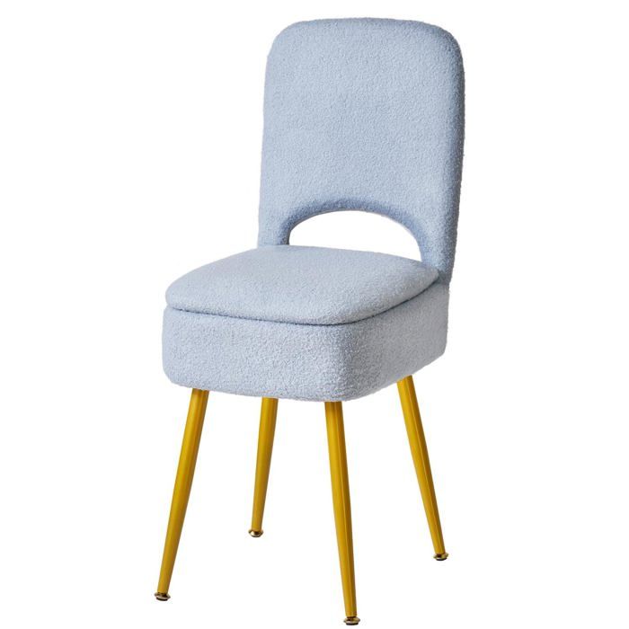 Tabouret maquillage dossier pliable coffre rangement intégré assise velours bleu support lombaire piètement métal antidérapant