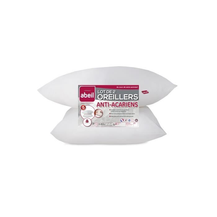 Lot de 2 Oreillers - ABEIL - Anti-Acarien - 60 x 60 cm - Blanc