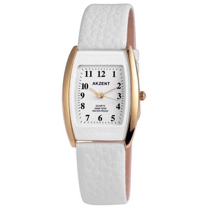 Montre femme - AKZENT - AK0401 - Boîtier tonneau 29 mm - Doré - Bracelet simili cuir blanc