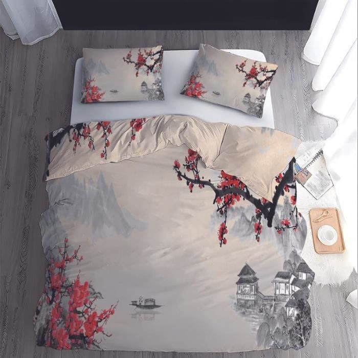 Housse De Couette 220x240 Cm + 2 Taies - Microfibre Douce, Motif Fleur Rouge 3D - Fermeture éclair Et Attaches