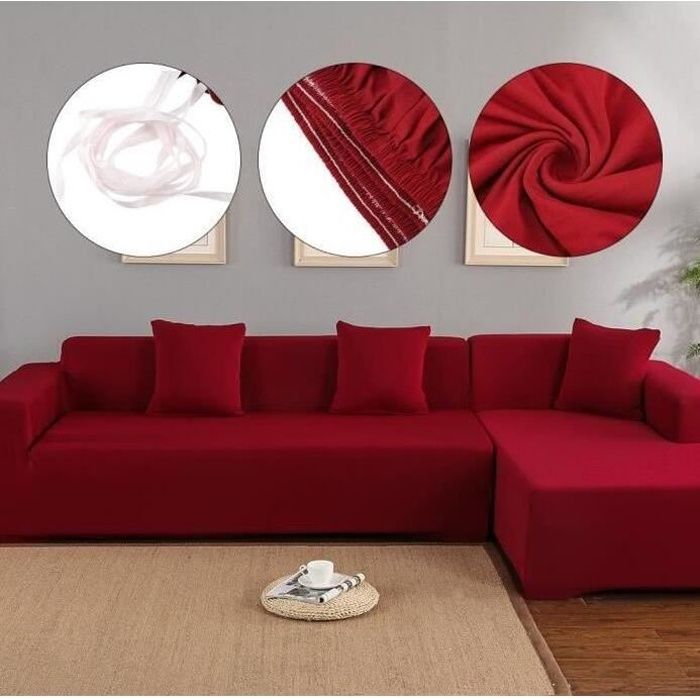 Housse de canapé - 3+2 places en L dangle - Rouge vineux - Polyester extensible - Anti-poussière