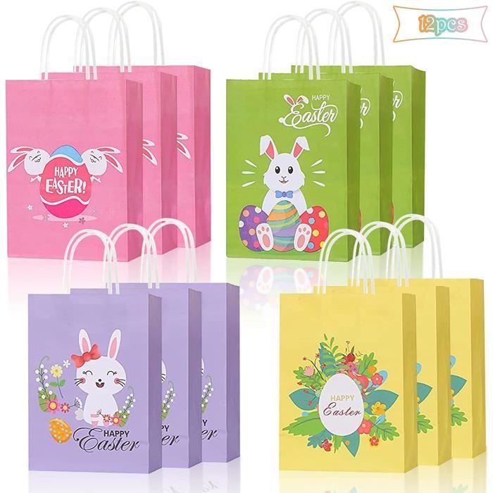 Sacs De Pâques En Papier Kraft - 12 Sacs + 6 Autocollants - Poignées, Fond Plat - DIY Sans Colle - Pour œufs, Bonbons, Cadeaux De Pâques - 5