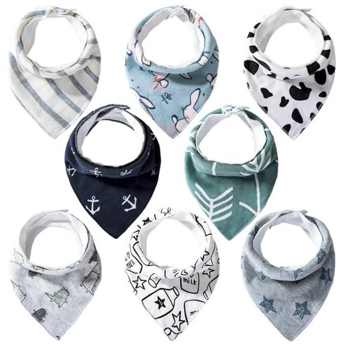 Bavoirs Bebe Lot de 8 Bavoir Bandana Bébé Triangle pour Garçons Filles,  Bavoir Naissance Coton avec Boutons Pression Réglables, Doux et Super