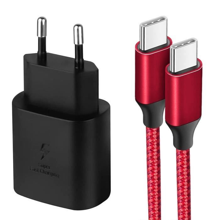 Chargeur Rapide USB-C 25W + Câble USB-C Nylon 1M pour Samsung Galaxy A23  A24 A22 A02s A03s A04s A12 A13 A14