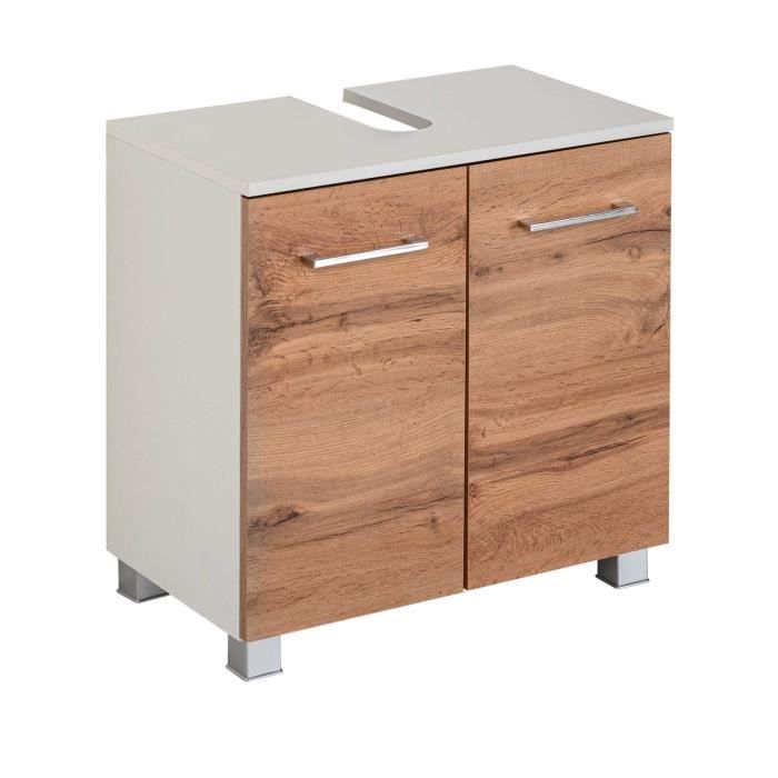 Meuble sous lavabo Pares avec 2 tiroirs en aggloméré de couleur blanche et à décor chêne wotan. Fourni avec 4 pieds de meubles. Meuble sous lavabo Pares avec 2 tiroirs en aggloméré de couleur blanche et à décor chêne wotan. Fourni avec 4 pieds de meubles.