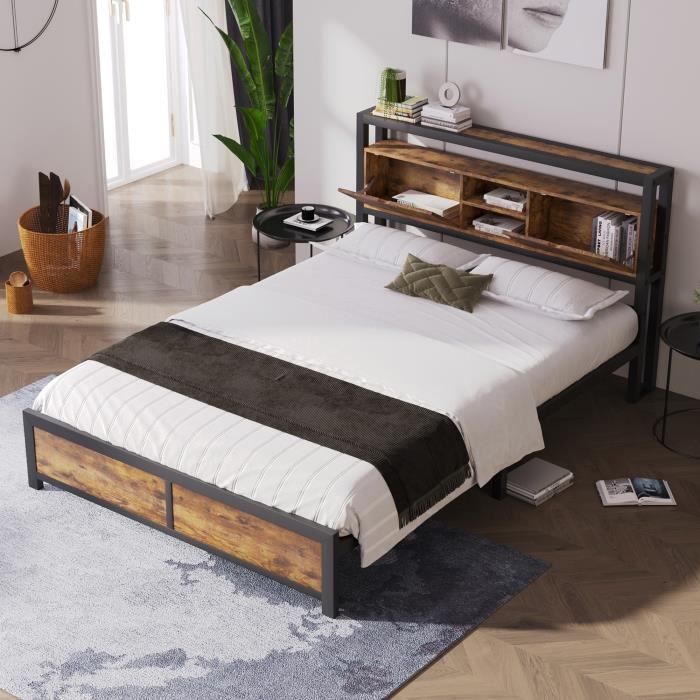 lit double 140x200 cm lit adulte style industriel avec tête de lit de rangement et sommier à lattes en métal