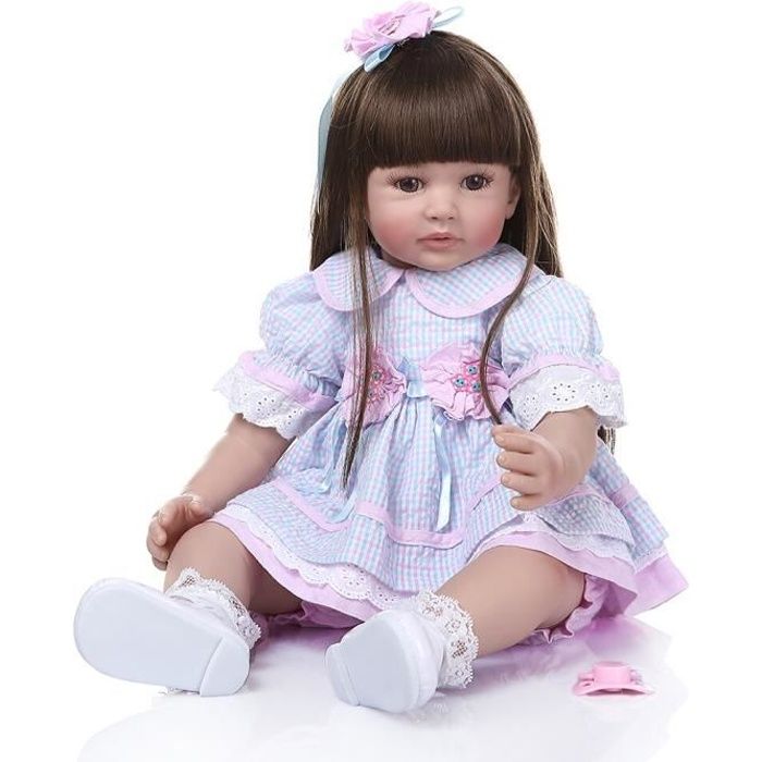 60cm Realiste Reborn Enfant En Bas Age Bebe Silicone Fille Poupee Avec De Longs Cheveux Raides Bruns En Bleu Plaid Robe Poupee Jouet Cdiscount Jeux Jouets