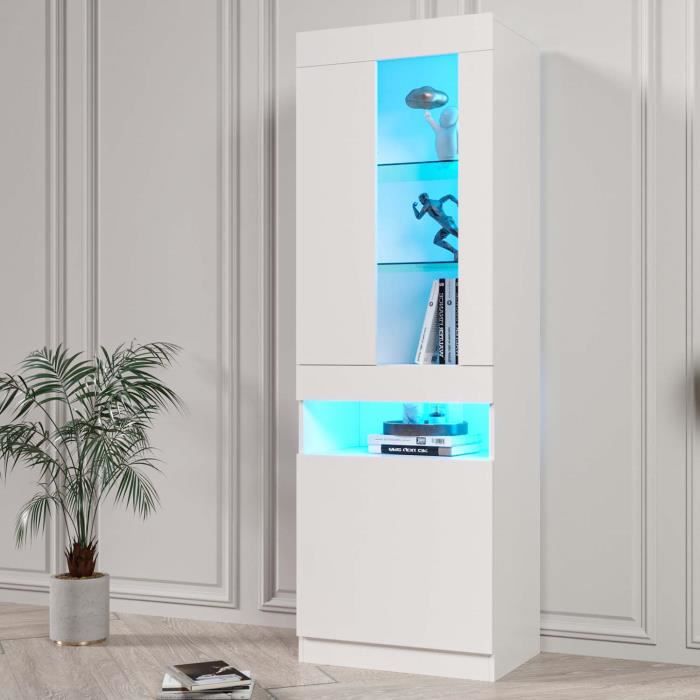 Vitrine avec porte et LED - armoire de rangement - pour salon - bureau ou cuisine - 50x40x180cm - Blanc Vitrine avec porte et LED - armoire de rangement - pour salon - bureau ou cuisine - 50x40x180cm - Blanc