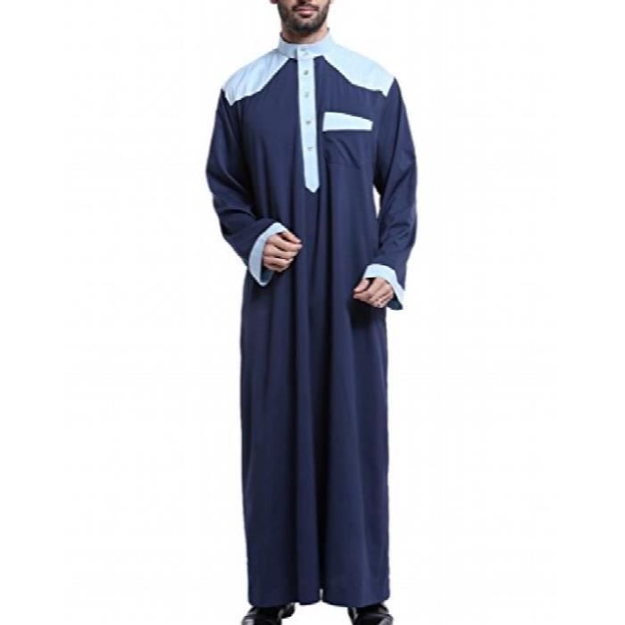 GladThink Hommes Arabe Musulman Thobe avec Manches Longues Mandarin Col