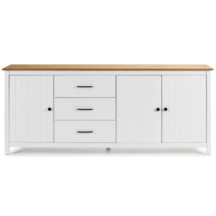 Buffet en pin massif décor ciré chêne et blanc meuble de rangement - Longueur 190 x Profondeur 40 x Hauteur 80 cm