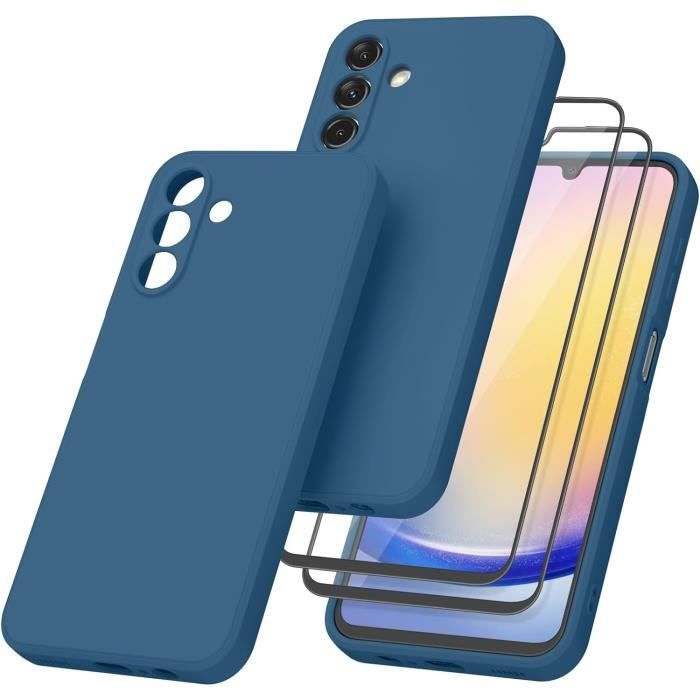 Coque Complète + 2 Protections écran Pour Samsung Galaxy A25 - Housse Silicone Noire Antichoc, Finition Mate