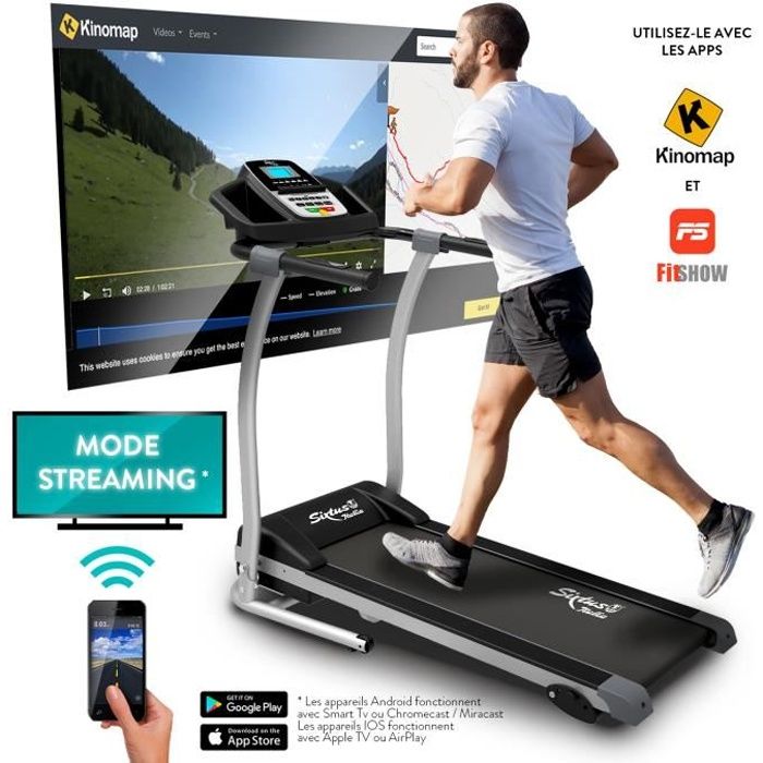 Tapis de Course Électrique Pliable SIXTUS mod. SIX 1200, Bluetooth App KINOMAP et ZWIFT, 12 km/h